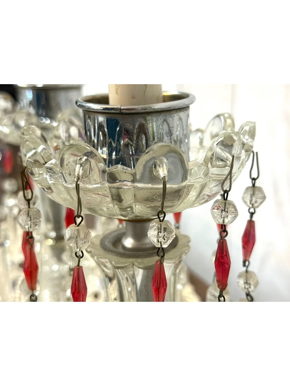 Crystal Hurricane Boudoir Lamps Pair Red Prisms Glass Chimneys Working